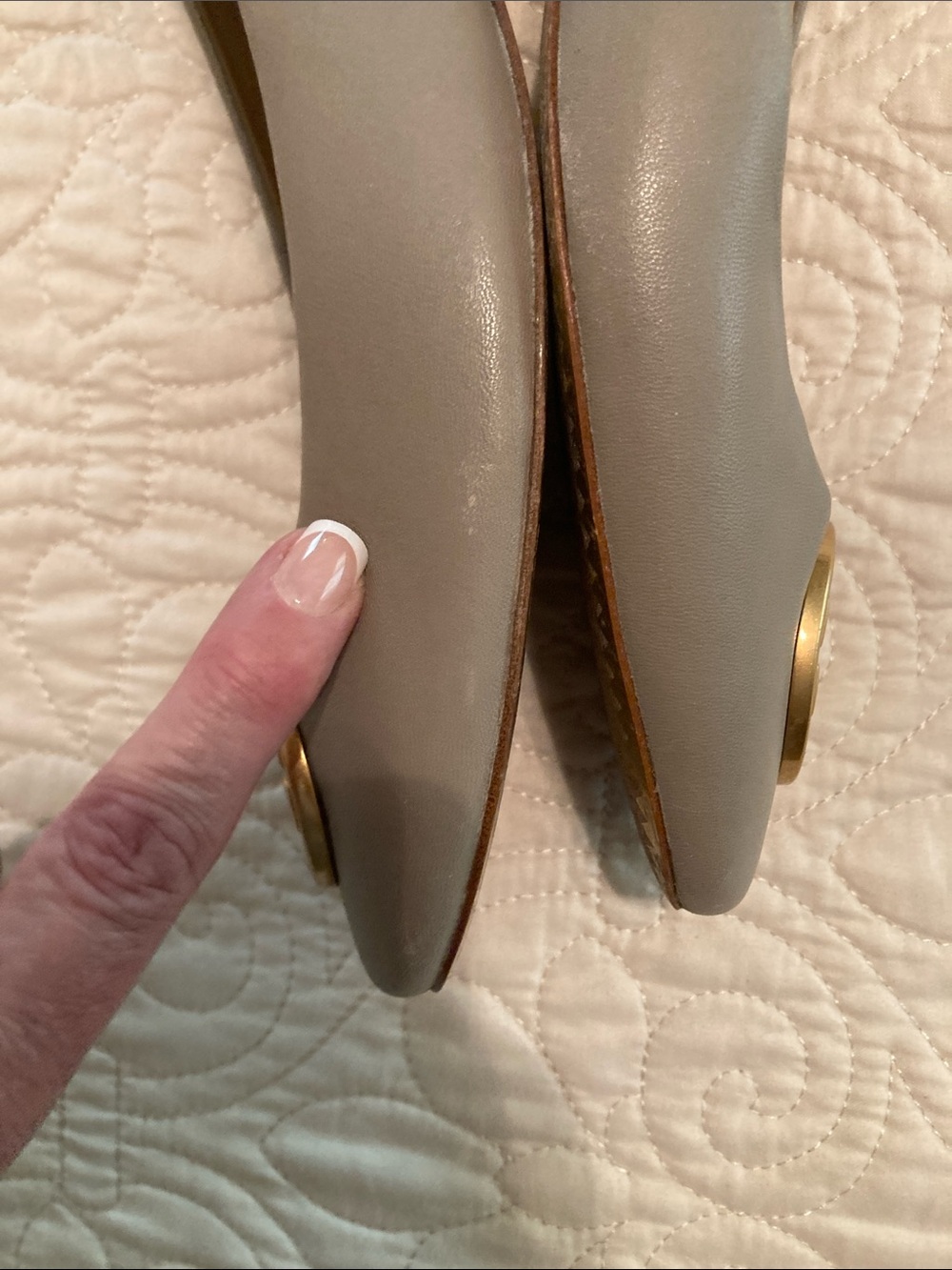 Tory Burch Chelsea Taupe Leather Logo Ballet Flats with Gold Medallions - Picture 6 of 12